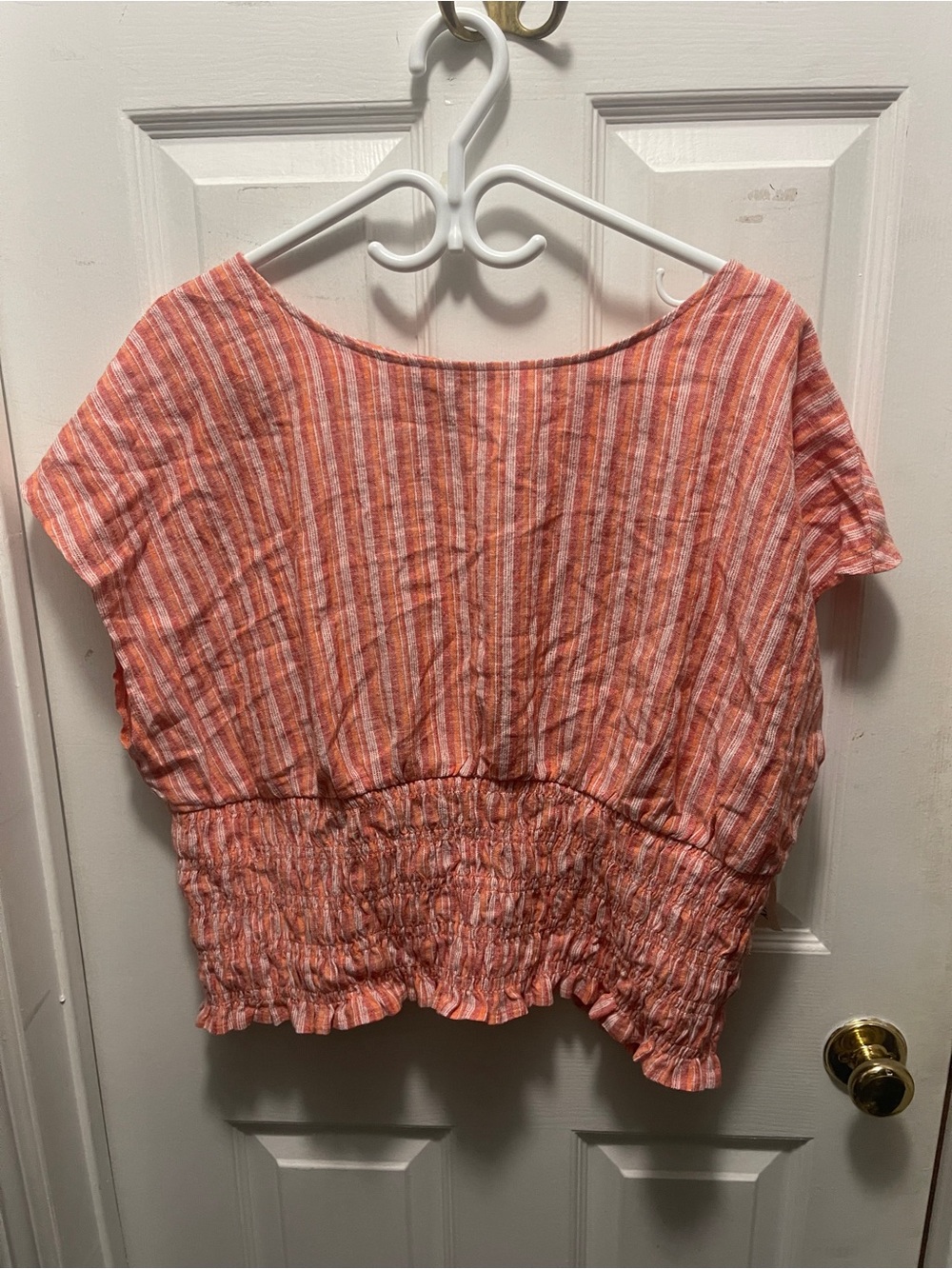 Old Navy Orange and White Striped Smocked-Hem Crop Top